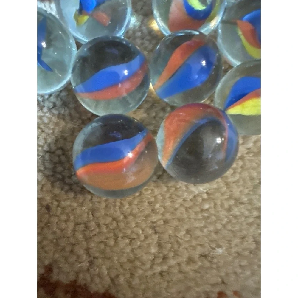 Vintage Cat Eye Marbles Clear Glass Blue Orange Yellow Swirl Lot of 17 Retro